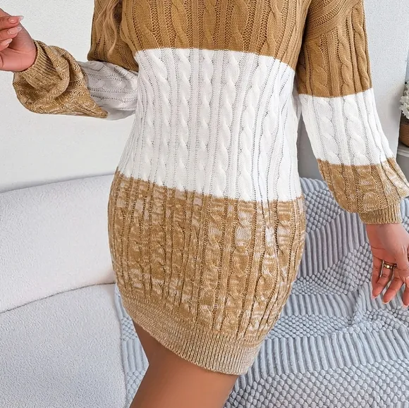 Stylish Color Block Cable-Knit Sweater Dress
