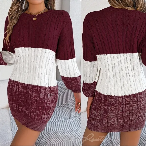 Stylish Color Block Cable-Knit Sweater Dress