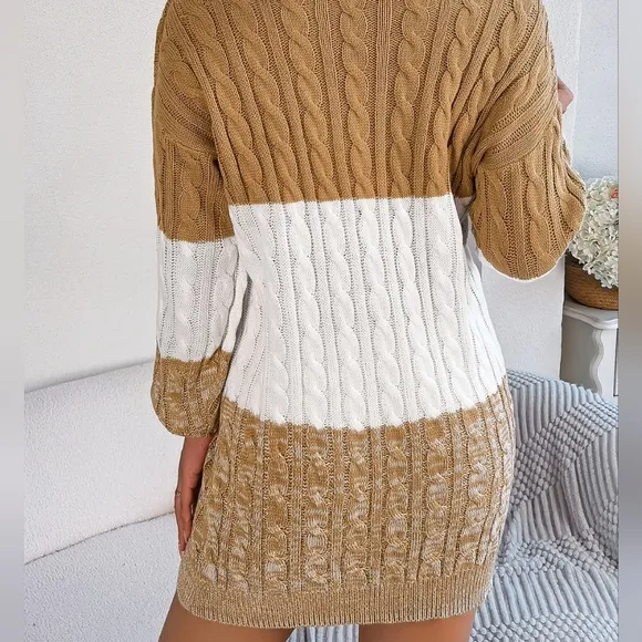 Stylish Color Block Cable-Knit Sweater Dress