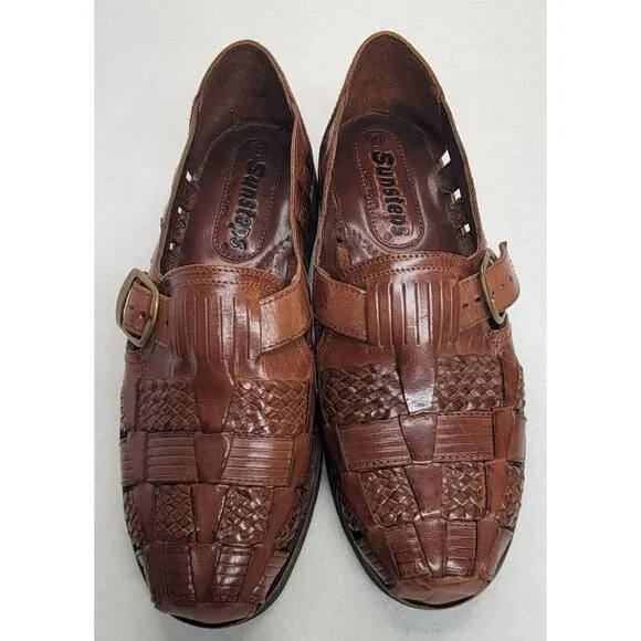 SUNSTEPS Hand Woven Mens Huarache Leather‎ Sandals 10 Buckle Limited Use Brown