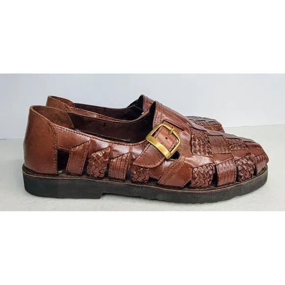 SUNSTEPS Hand Woven Mens Huarache Leather‎ Sandals 10 Buckle Limited Use Brown