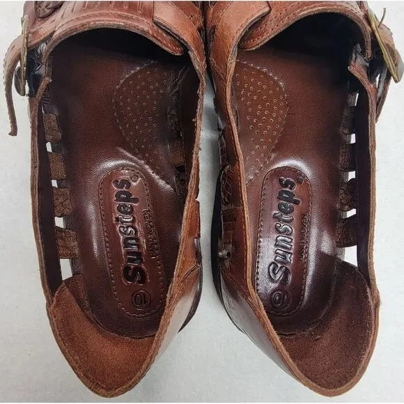 SUNSTEPS Hand Woven Mens Huarache Leather‎ Sandals 10 Buckle Limited Use Brown