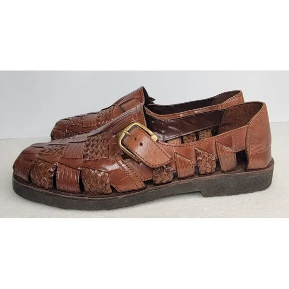 SUNSTEPS Hand Woven Mens Huarache Leather‎ Sandals 10 Buckle Limited Use Brown