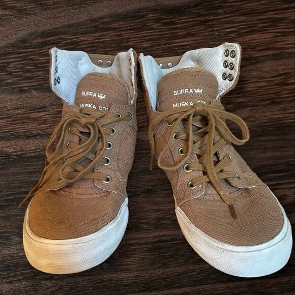 Supra Muska High Top Sneakers 001 Skytop Size 6.5 Mens Khaki Tan Canvas EUC
