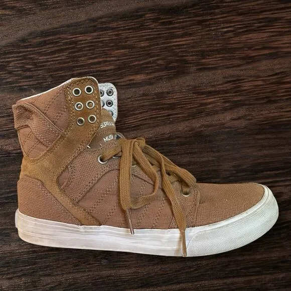 Supra Muska High Top Sneakers 001 Skytop Size 6.5 Mens Khaki Tan Canvas EUC