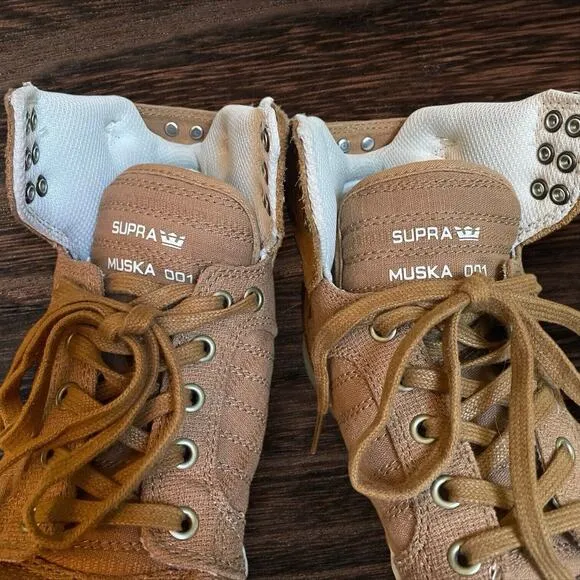 Supra Muska High Top Sneakers 001 Skytop Size 6.5 Mens Khaki Tan Canvas EUC