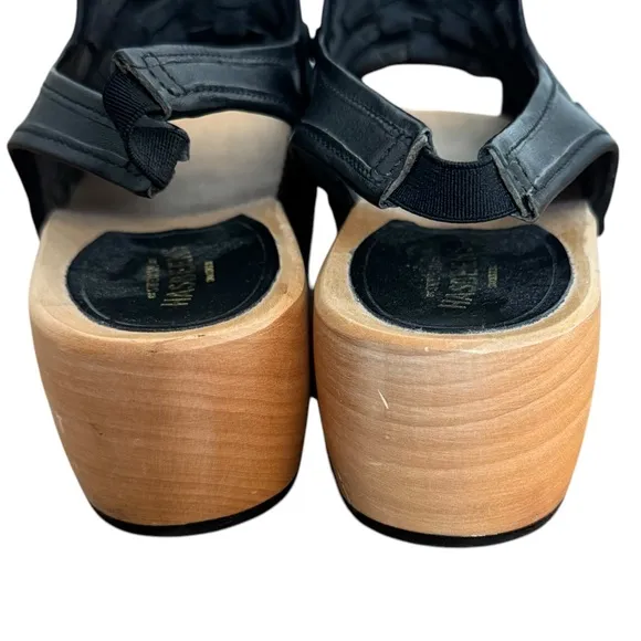 Swedish Hasbeens Wooden Woven Leather Platform Sandals Black Size 37