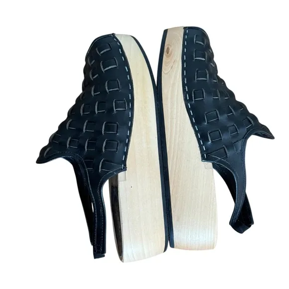 Swedish Hasbeens Wooden Woven Leather Platform Sandals Black Size 37