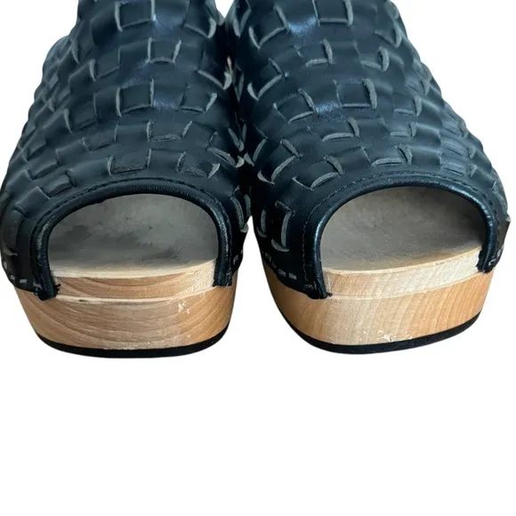 Swedish Hasbeens Wooden Woven Leather Platform Sandals Black Size 37