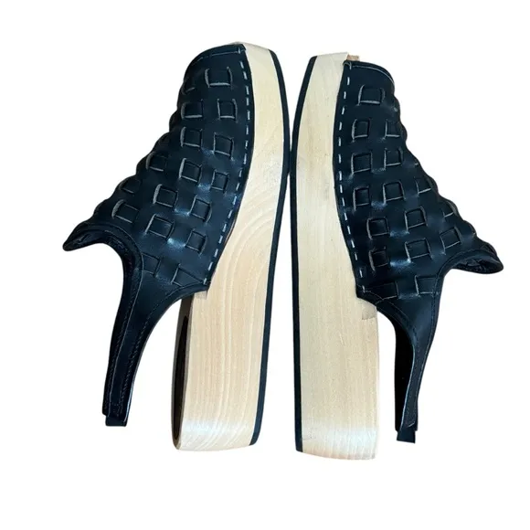 Swedish Hasbeens Wooden Woven Leather Platform Sandals Black Size 37