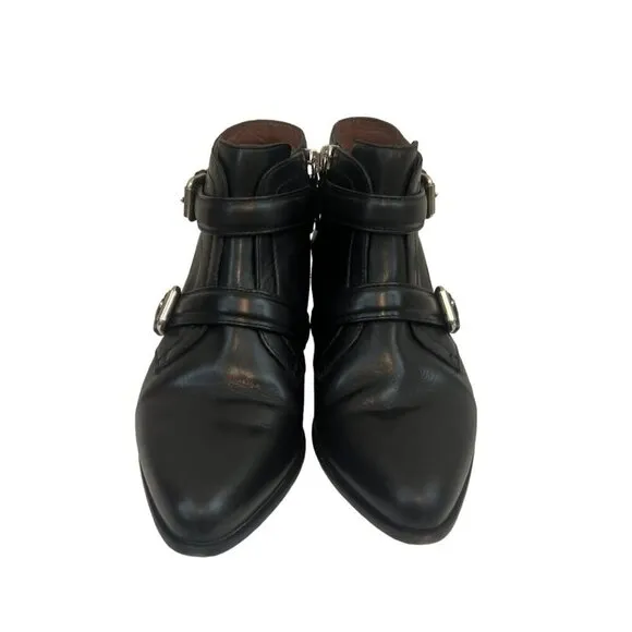 Tabitha Simmons Black Leather Double Buckle Pointy Ankle Boots Size 5.5 /6