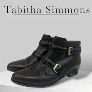 Tabitha Simmons Black Leather Double Buckle Pointy Ankle Boots Size 5.5 /6