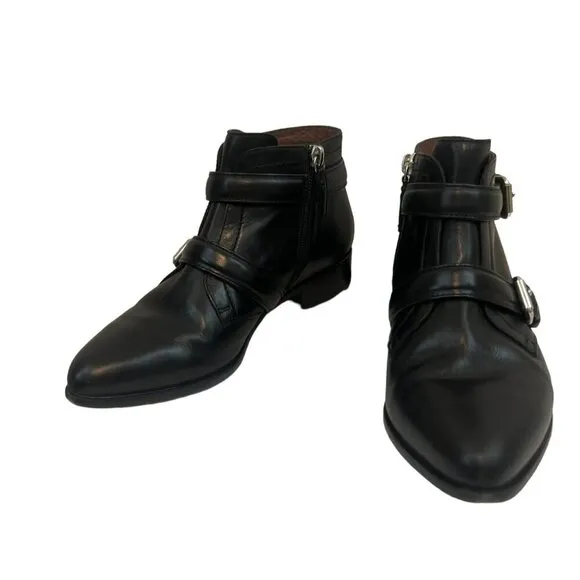 Tabitha Simmons Black Leather Double Buckle Pointy Ankle Boots Size 5.5 /6