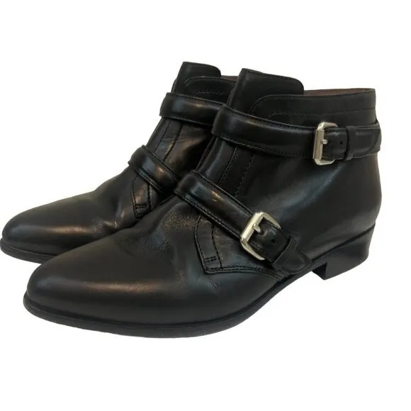 Tabitha Simmons Black Leather Double Buckle Pointy Ankle Boots Size 5.5 /6