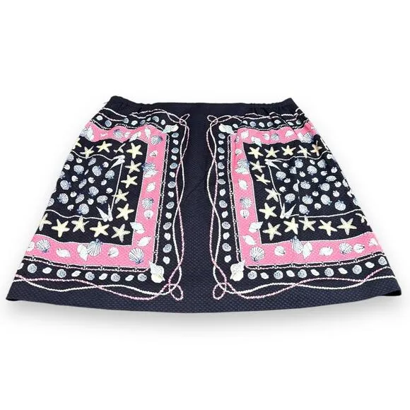 Talbots Woman's Skirt Sz 16W Seashell Print Cotton Pique Navy Pink Rope NEW