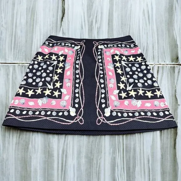 Talbots Woman's Skirt Sz 16W Seashell Print Cotton Pique Navy Pink Rope NEW