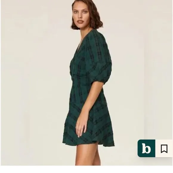 Tanya Taylor Emmaline Green and Black Pleated Plaid Mini Dress Size 12 NWT