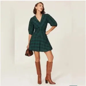Tanya Taylor Emmaline Green and Black Pleated Plaid Mini Dress Size 12 NWT