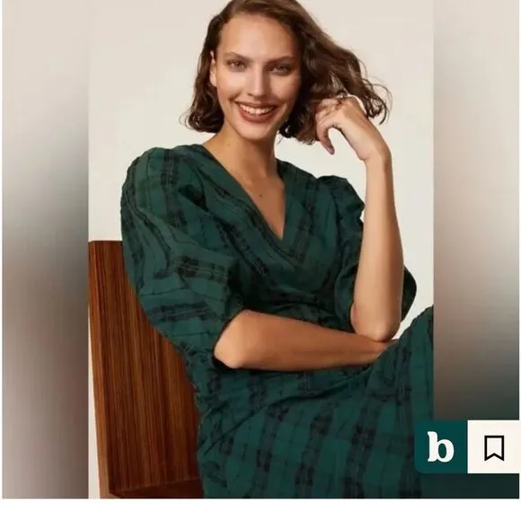 Tanya Taylor Emmaline Green and Black Pleated Plaid Mini Dress Size 12 NWT