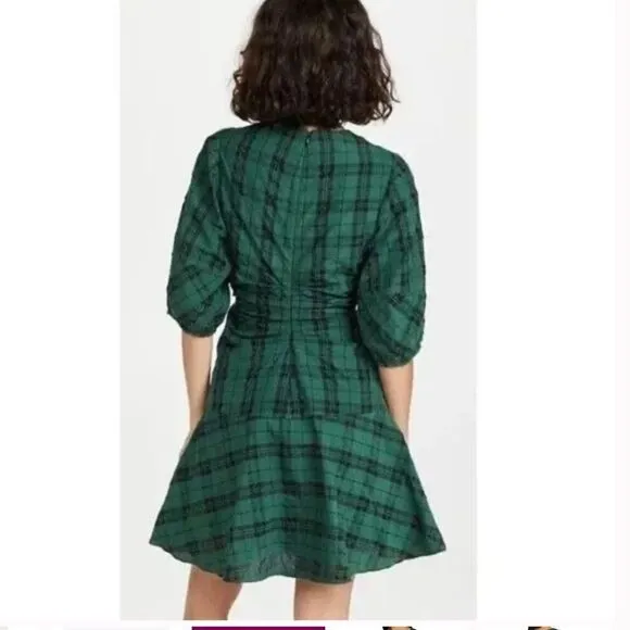 Tanya Taylor Emmaline Green and Black Pleated Plaid Mini Dress Size 12 NWT