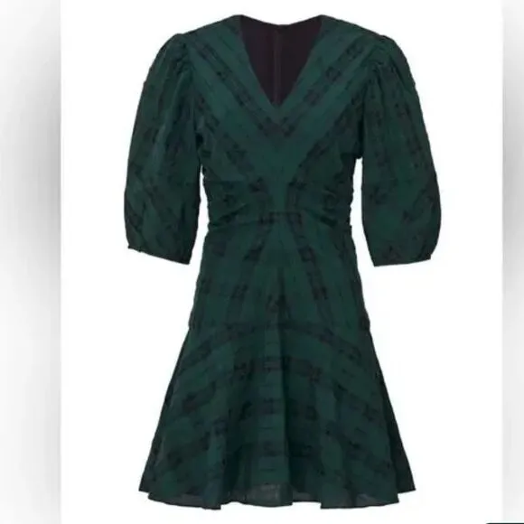 Tanya Taylor Emmaline Green and Black Pleated Plaid Mini Dress Size 12 NWT