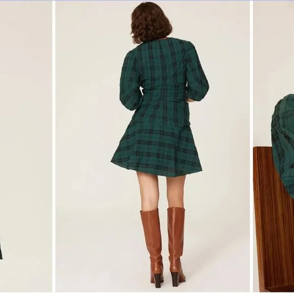 Tanya Taylor Emmaline Green and Black Pleated Plaid Mini Dress Size 12 NWT