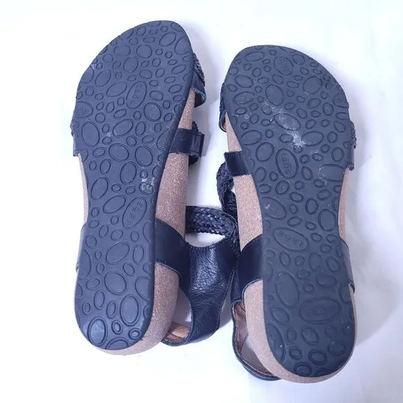 TAOS Trulie Womens Size 10-10.5 Sandals Strappy Black Leather Cork Wedge Comfort