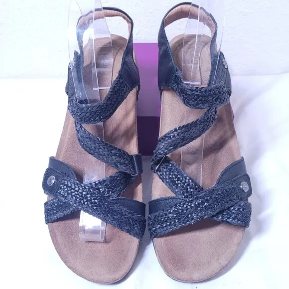 TAOS Trulie Womens Size 10-10.5 Sandals Strappy Black Leather Cork Wedge Comfort