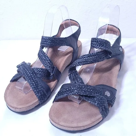 TAOS Trulie Womens Size 10-10.5 Sandals Strappy Black Leather Cork Wedge Comfort