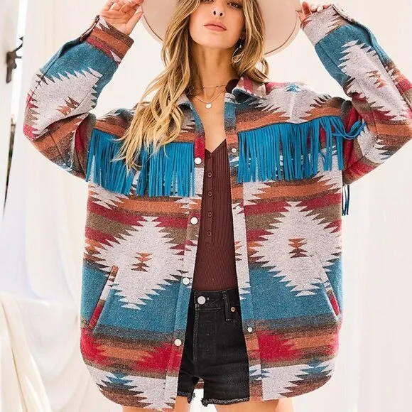 THE SHYSIE WOMENS AZTEC PRINT FRINGED JACKET CREAM NWT
