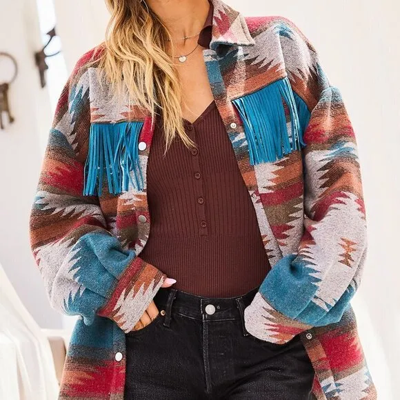 THE SHYSIE WOMENS AZTEC PRINT FRINGED JACKET CREAM NWT