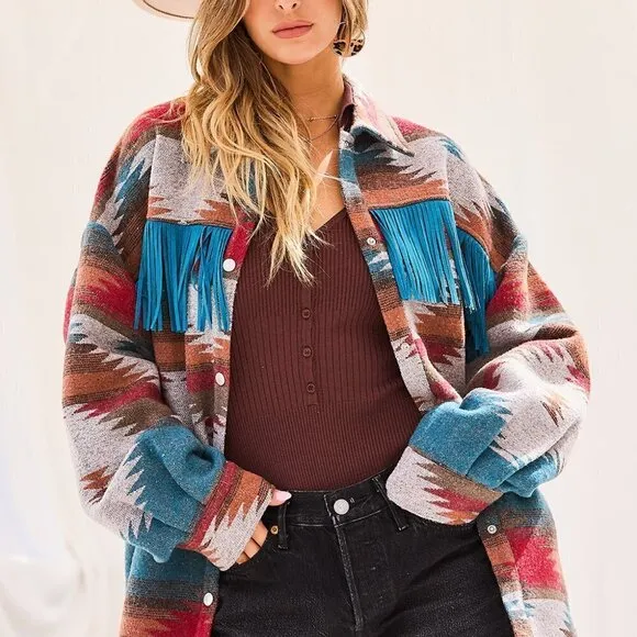 THE SHYSIE WOMENS AZTEC PRINT FRINGED JACKET CREAM NWT