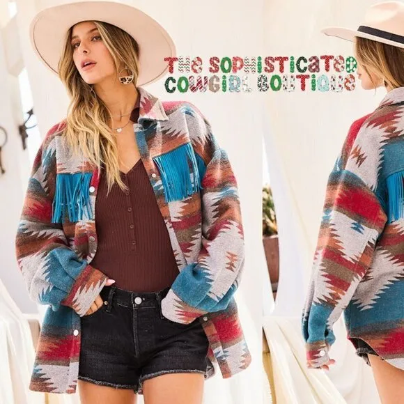 THE SHYSIE WOMENS AZTEC PRINT FRINGED JACKET CREAM NWT
