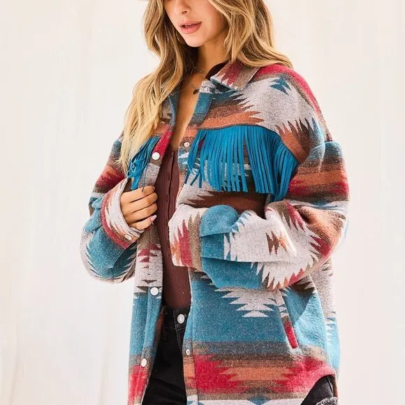 THE SHYSIE WOMENS AZTEC PRINT FRINGED JACKET CREAM NWT