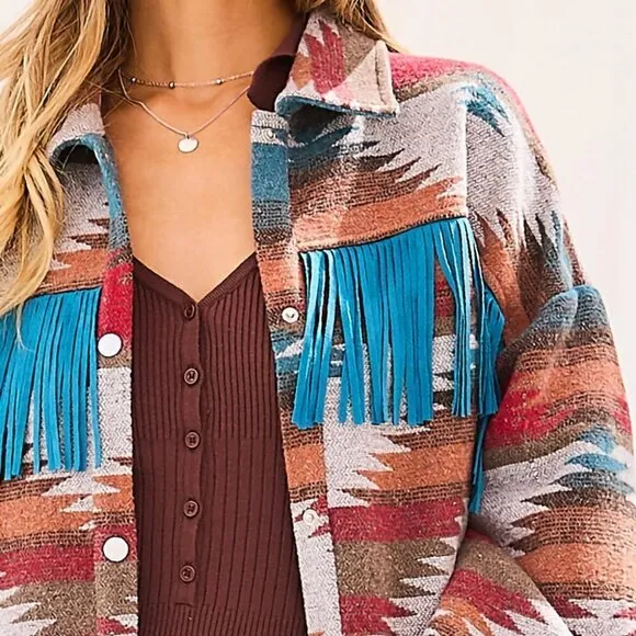 THE SHYSIE WOMENS AZTEC PRINT FRINGED JACKET CREAM NWT