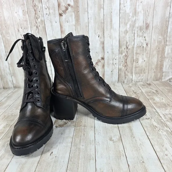 Thursday Everyday Ankle Boots Block Heel Lace Up Brown Leather 8.5