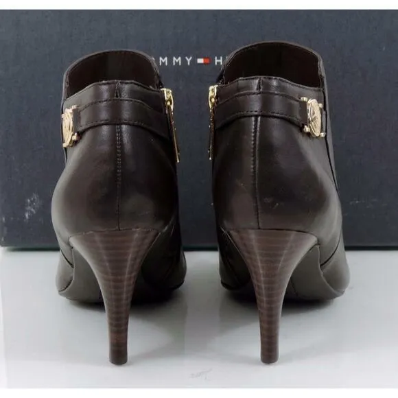 Tommy Hilfiger Velesia Ankle Boots Booties Heels Zip Leather Dark Brown Size 8
