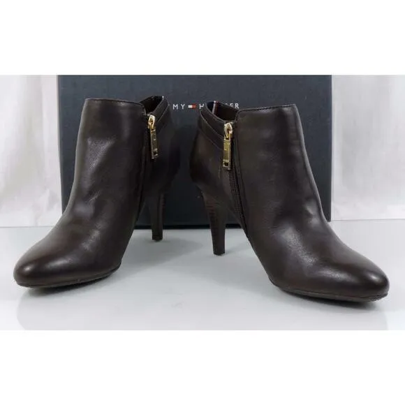 Tommy Hilfiger Velesia Ankle Boots Booties Heels Zip Leather Dark Brown Size 8