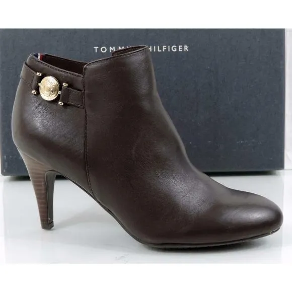 Tommy Hilfiger Velesia Ankle Boots Booties Heels Zip Leather Dark Brown Size 8