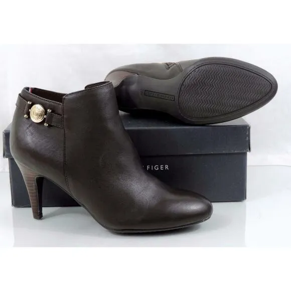 Tommy Hilfiger Velesia Ankle Boots Booties Heels Zip Leather Dark Brown Size 8