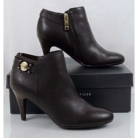 Tommy Hilfiger Velesia Ankle Boots Booties Heels Zip Leather Dark Brown Size 8