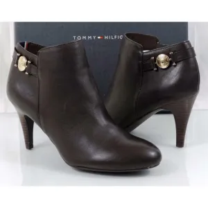 Tommy Hilfiger Velesia Ankle Boots Booties Heels Zip Leather Dark Brown Size 8