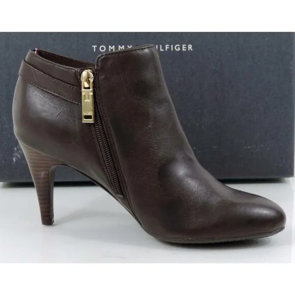 Tommy Hilfiger Velesia Ankle Boots Booties Heels Zip Leather Dark Brown Size 8