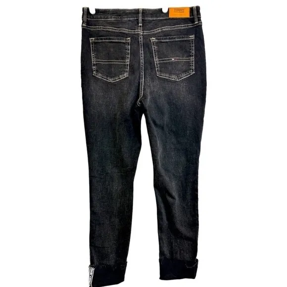 Tommy Hilfiger Womens Black Skinny Jeans Cuffed Hipster Chic Faded Denim, Sz 6