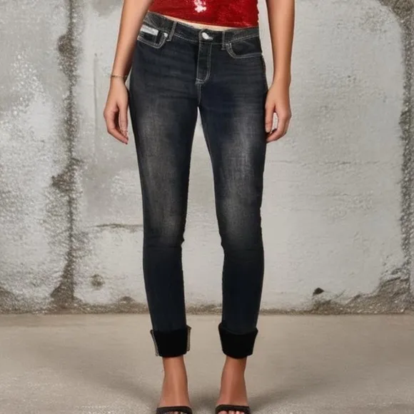Tommy Hilfiger Womens Black Skinny Jeans Cuffed Hipster Chic Faded Denim, Sz 6