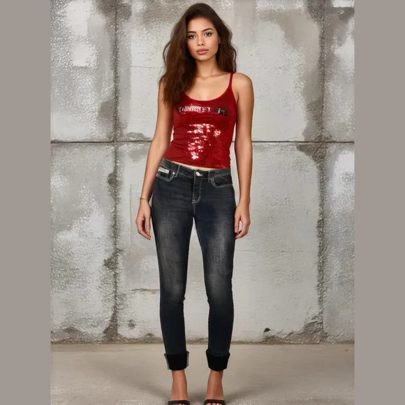 Tommy Hilfiger Womens Black Skinny Jeans Cuffed Hipster Chic Faded Denim, Sz 6