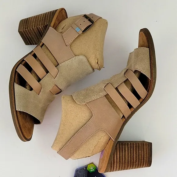 Toms Cobblestone Suede Majorca Woven Stacked Heel Sandal Beige Size 8.5