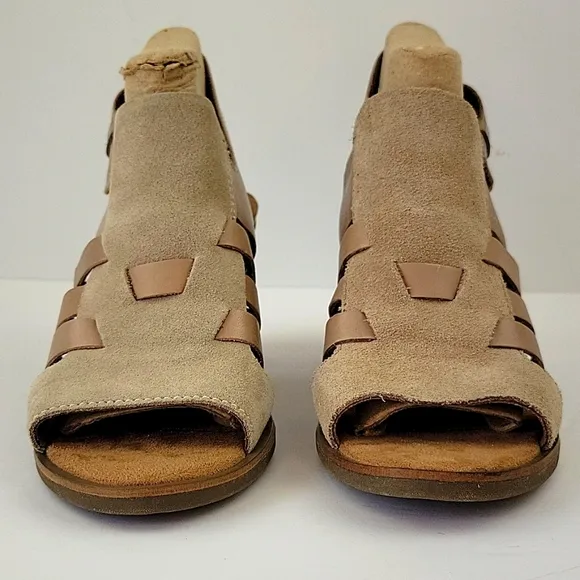 Toms Cobblestone Suede Majorca Woven Stacked Heel Sandal Beige Size 8.5