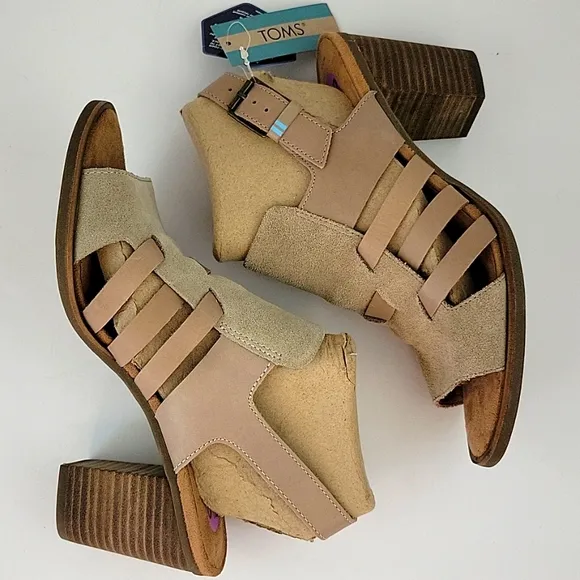 Toms Cobblestone Suede Majorca Woven Stacked Heel Sandal Beige Size 8.5