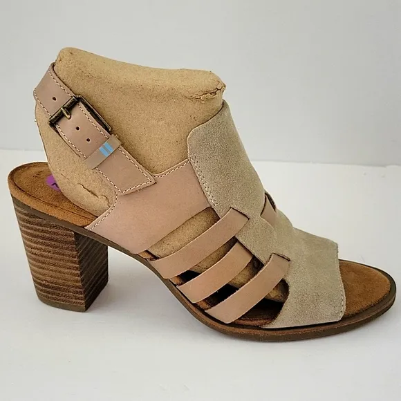 Toms Cobblestone Suede Majorca Woven Stacked Heel Sandal Beige Size 8.5